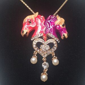 Pink Purple Stallion Jewel Enamel Necklace Brooch